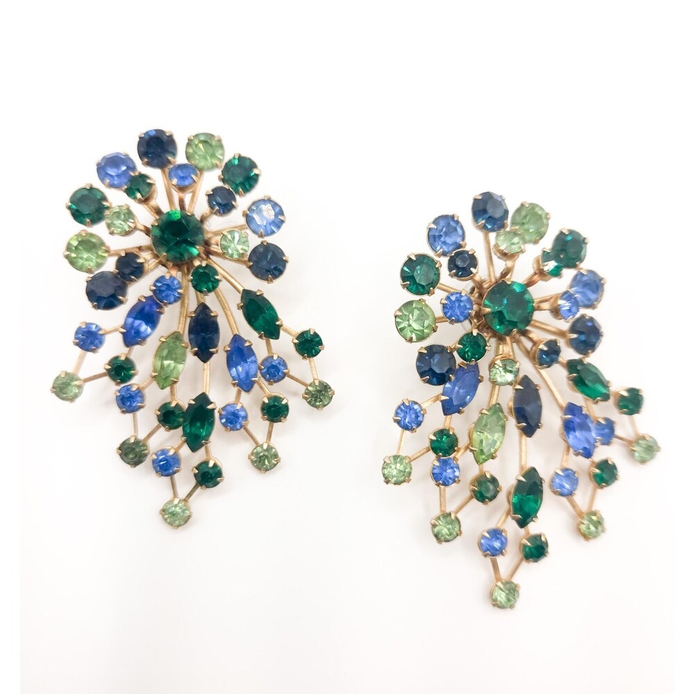 Vintage Blue Green Rhinestone Spray Earrings | Gold Tone Mid Century Glam Estate